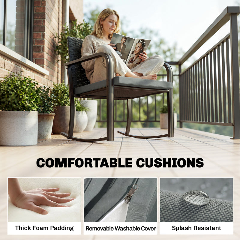 Outsunny - 3 Pieces Rocking Bistro Set Outdoor Patio Furniture Set with Cushions, Glass Coffee Table for Balcony, Grey