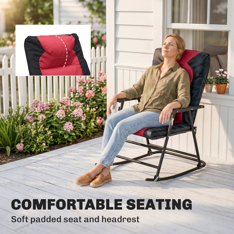 Outsunny - 3pc Patio Foldable Rocking Chair Set, Outdoor Rocking Chairs and Table Set w/ Padded Seat, Headrest, Backrest for Backyard, Garden, Red