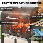 Outsunny - 20" Charcoal BBQ Grill Barbecue on Wheels with Adjustable Charcoal Pan, Spacious Cooking Area, 3 Shelves, Thermometer