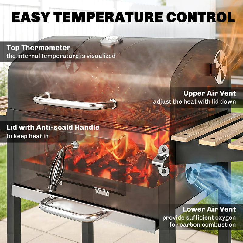 Outsunny - 20" Charcoal BBQ Grill Barbecue on Wheels with Adjustable Charcoal Pan, Spacious Cooking Area, 3 Shelves, Thermometer