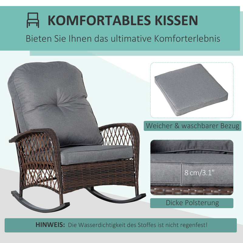 Outsunny - Rattan Rocking Chair, Outdoor Wicker Patio Rocker Chair Furniture with Thick Cushions, for Garden Backyard Porch, Grey