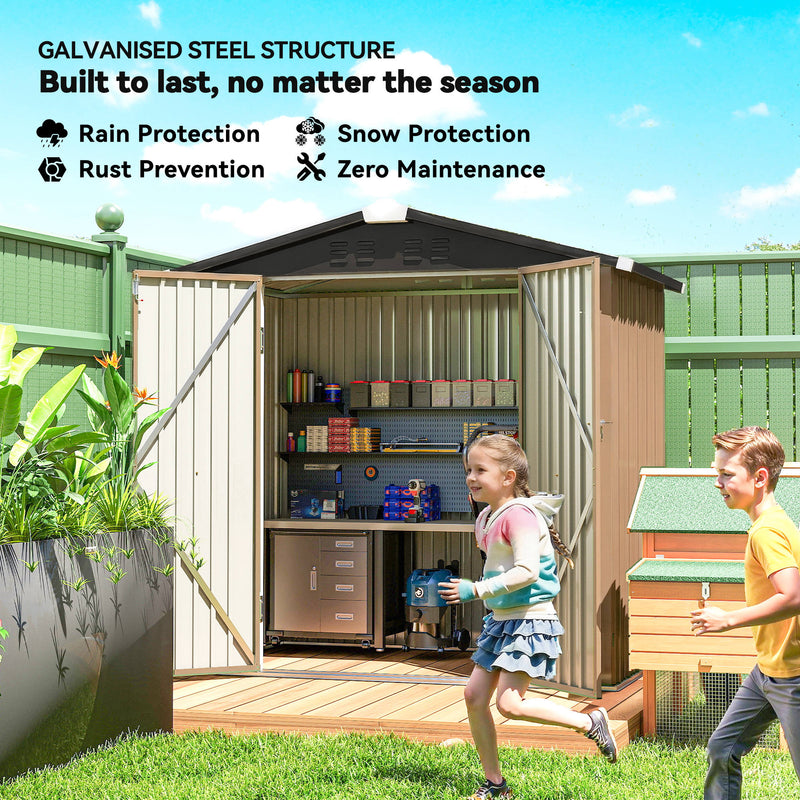 6.5' x 4' Outdoor Storage Shed, Metal Garden Shed with Lockable Double Doors, 4 Vents, Brown