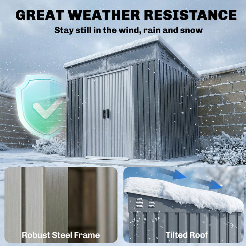 6.5x4FT Galvanised Metal Shed with Foundation Kit, Lockable Garden Tool Storage House with Sliding Doors, Vents, Grey