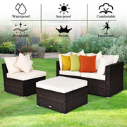 Costway - 4 Pcs Ottoman Garden Deck Patio Rattan Wicker Furniture Set Cushioned Sofa-White