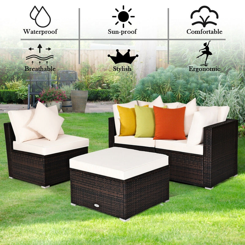 Costway - 4 Pcs Ottoman Garden Deck Patio Rattan Wicker Furniture Set Cushioned Sofa-White