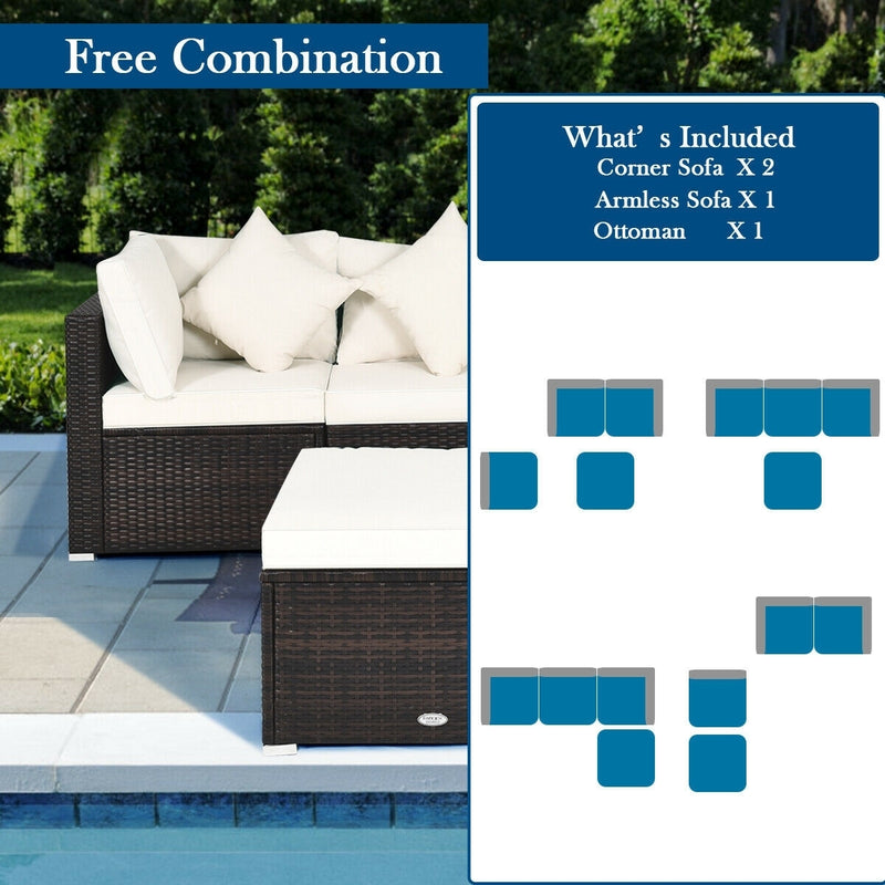 Costway - 4 Pcs Ottoman Garden Deck Patio Rattan Wicker Furniture Set Cushioned Sofa-White