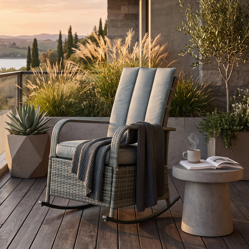 Outsunny - Outdoor Wicker Rocking Chair with Cushion, Patio PE Rattan Recliner Chair with Adjustable Footrest, Armrests, Mixed Grey