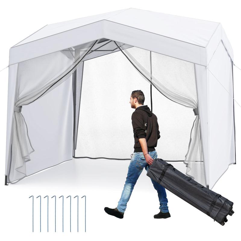 Costway - Pop up Canopy Tent wiht 4 Sidewalls Mesh Netting Wheeled Bag-White