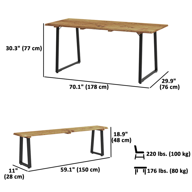 Outsunny - Picnic Table and Bench Set for 6 Persons with 2" Umbrella Hole, Slatted Top & Steel Frame, for Party, BBQ, Patio, Lawn