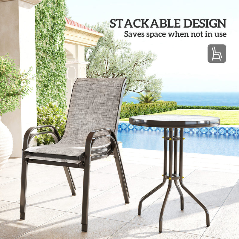 Outsunny - 3 Pieces Bistro Set, Small Patio Furniture Set with Stackable Mesh Chairs, Glass Table for Garden, Balcony, Grey