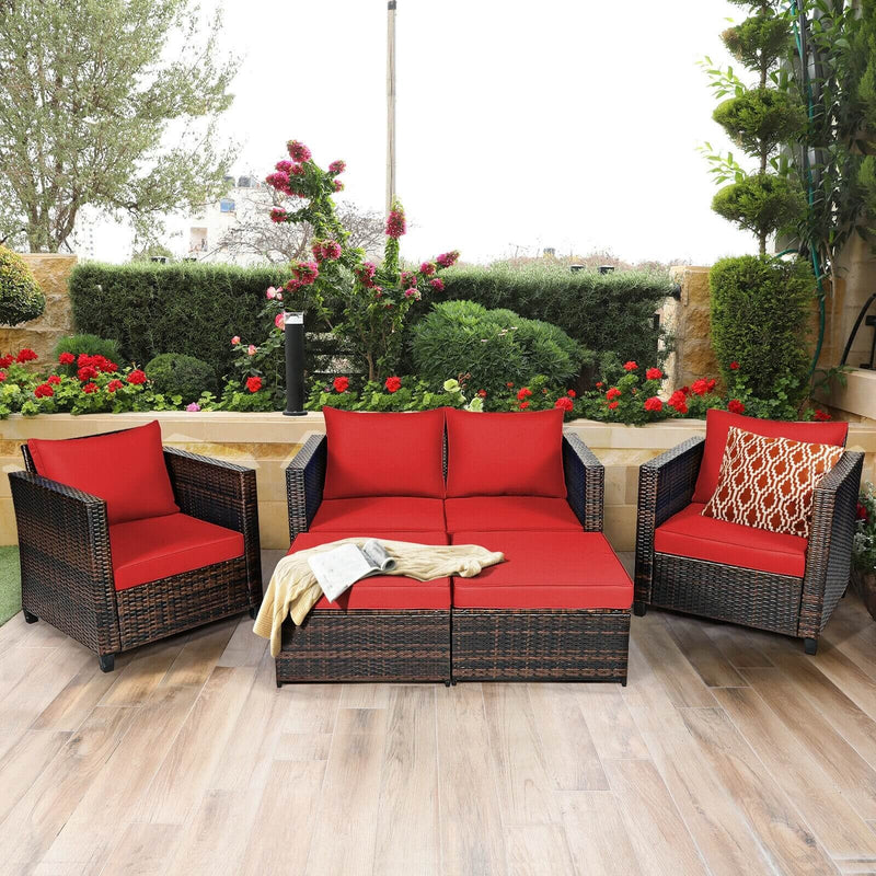 Costway - 5 Pieces Patio Cushioned Rattan Furniture Set-Red