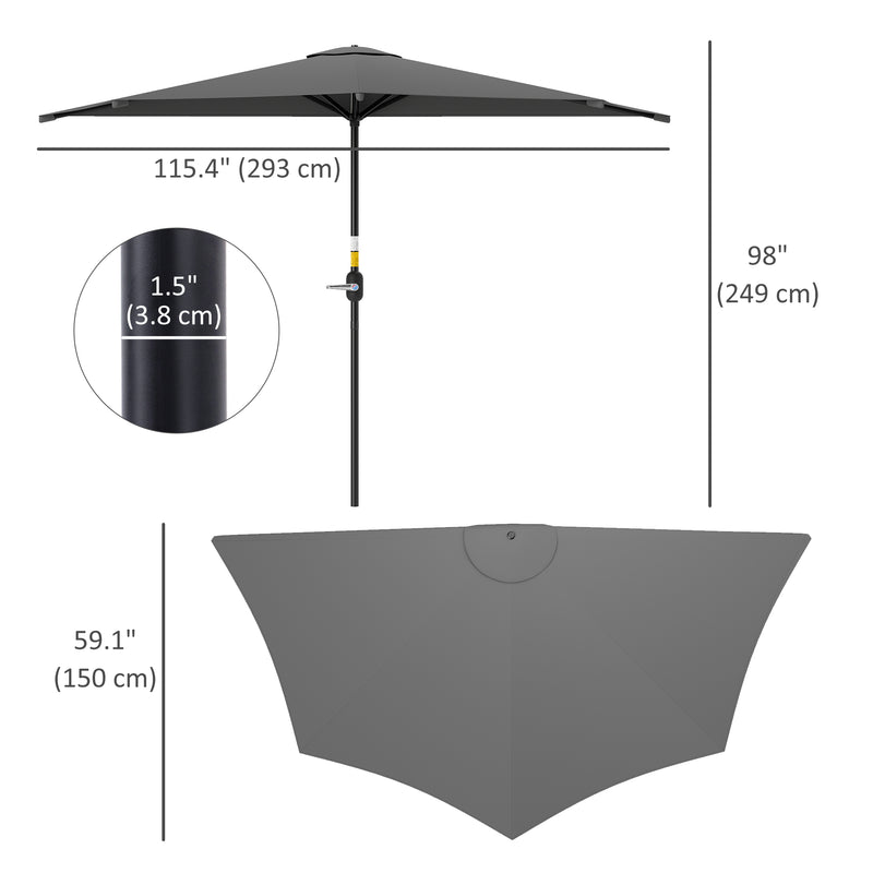 Outsunny - 9.8ft Half Umbrella Semi Round Patio Parasol with Crank Handle, Top Vent for Garden, Balcony - NO BASE INCLUDED, Dark Grey — 84D-008V00CG