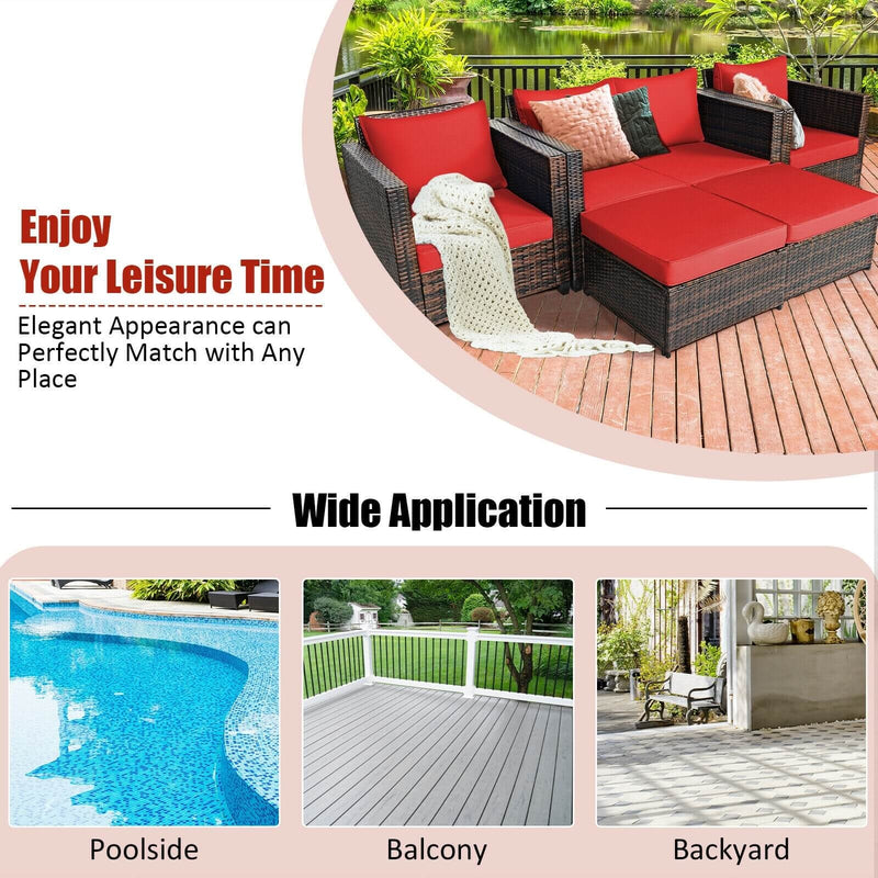 Costway - 5 Pieces Patio Cushioned Rattan Furniture Set-Red