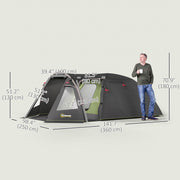 Outsunny - 2-4 Man Camping Tent, 3000mm Waterproof Tunnel Tent with 2 Rooms, Sewn-in Groundsheet, 3 Doors and Hook