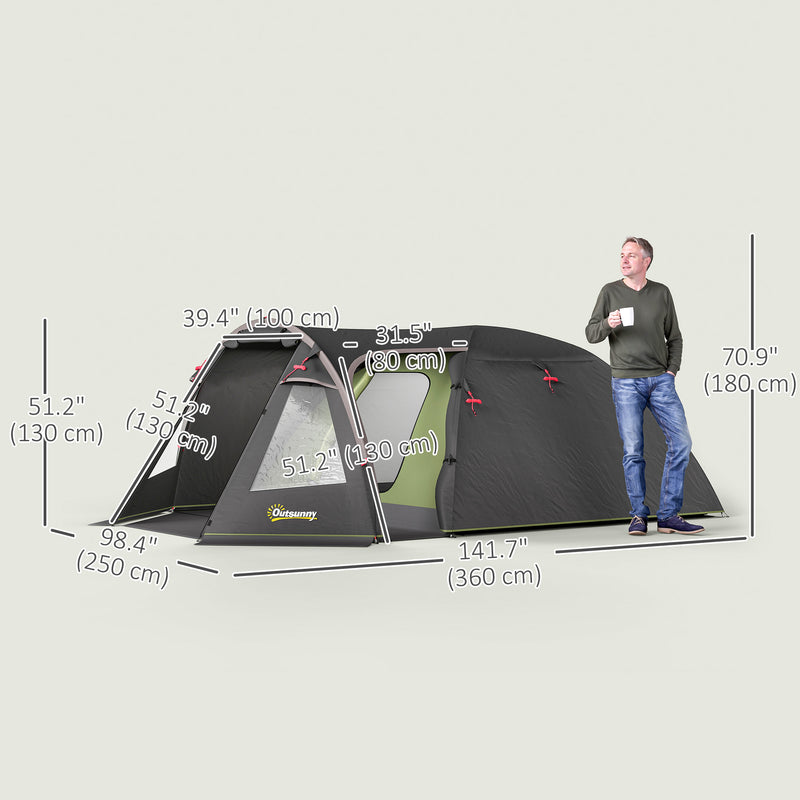 Outsunny - 2-4 Man Camping Tent, 3000mm Waterproof Tunnel Tent with 2 Rooms, Sewn-in Groundsheet, 3 Doors and Hook