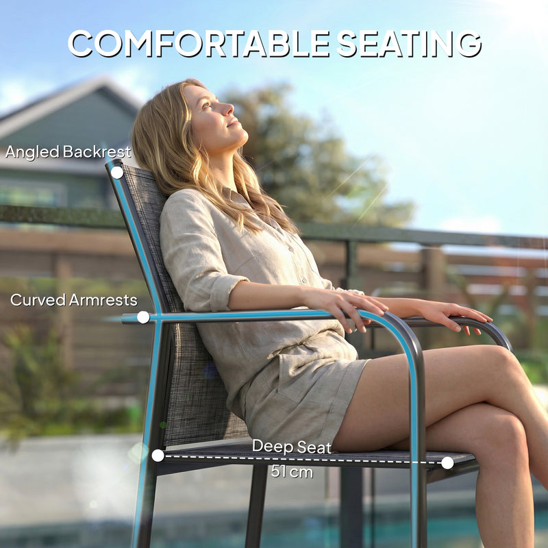 Outsunny - Stackable Patio Chairs Set of 4, Outdoor Dining Chairs with 20" Deep Seat, All Weather Breathable Mesh, Armrests, Grey