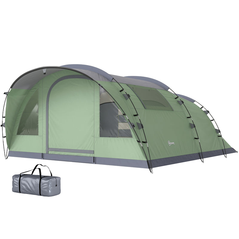 Outsunny - Multi-Room Camping Tent for 5 Person, Easy Set up Large Family Tent with 4 Windows, Porch, Light Green