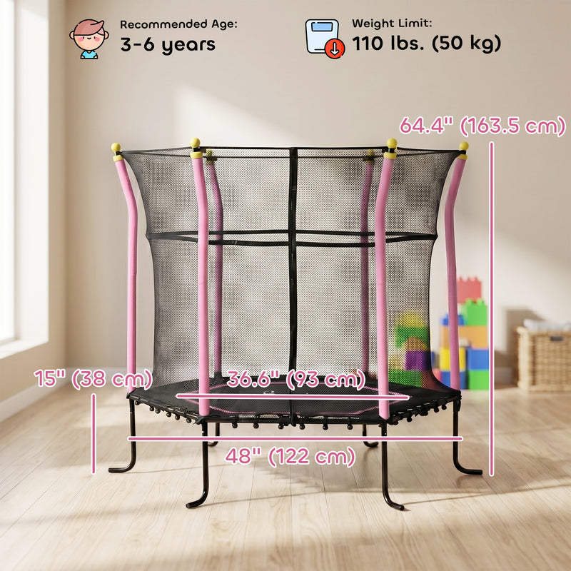 Soozier 63" Kids Trampoline Mini Indoor Bouncer Jumper with Enclosure Net Elastic Thick Padded Pole Gift for 3-6 Years, Pink
