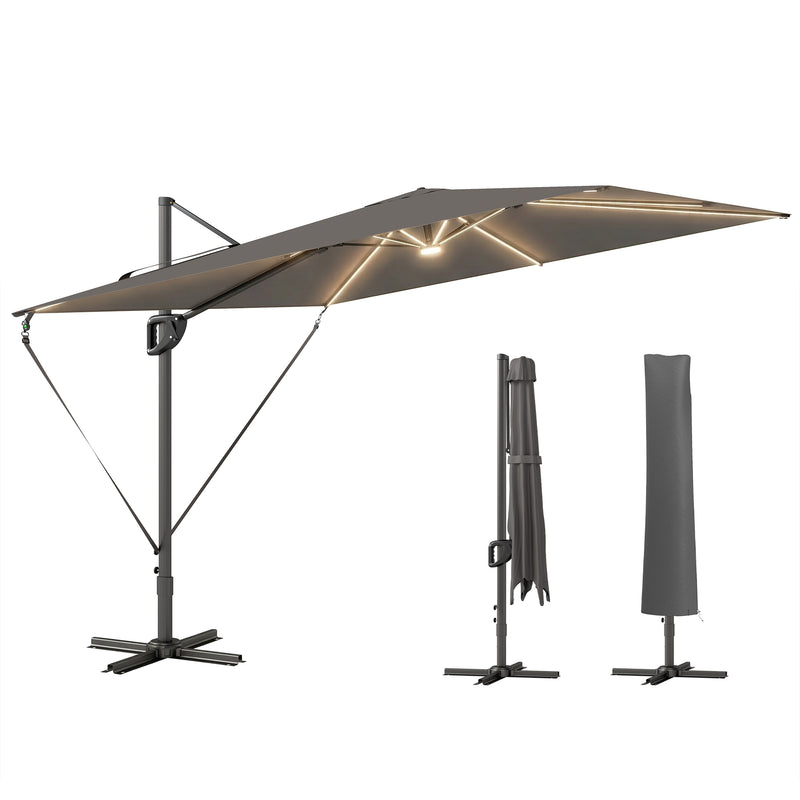 Outsunny - 10 x 9.7 ft Offset Cantilever Patio Umbrella with Lights, Wind Rope, UPF50+ Outdoor Cantilever Parasol, Dark Grey