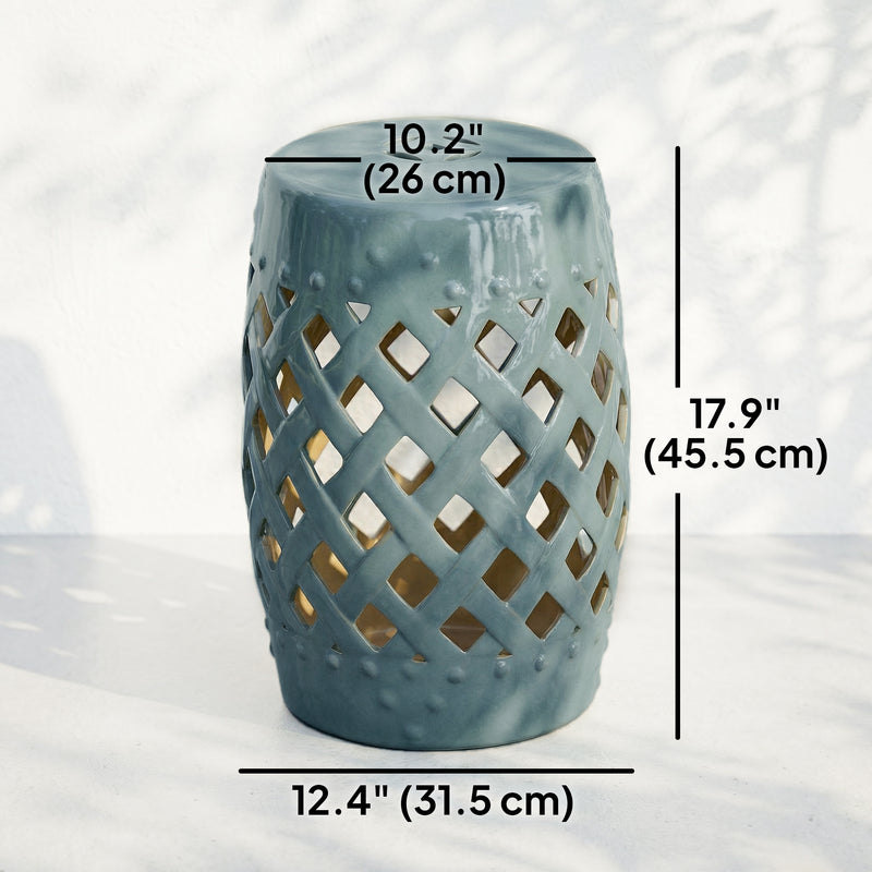 Outsunny - 12.4" x 17.9" Ceramic Garden Stool with Woven Lattice Design, Indoor & Outdoor Decorative Accent Stool, Blue