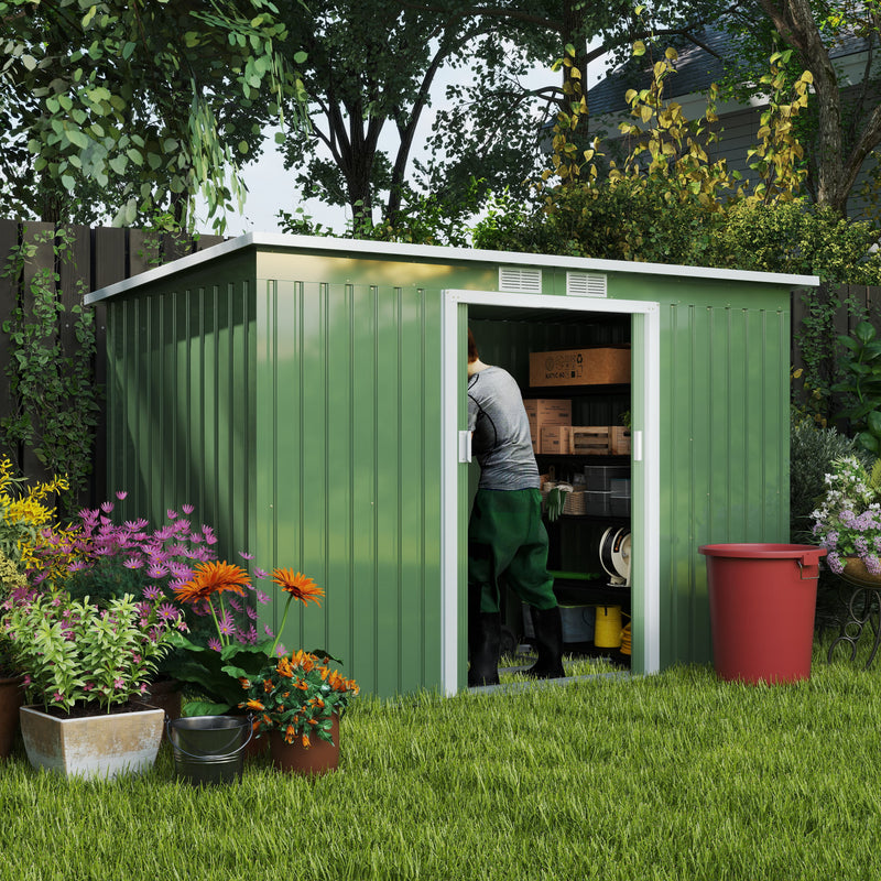 9' x 4' Garden Metal Storage Shed Outdoor Equipment Tool Box with Foundation Kit, Ventilation & Doors, Light Green