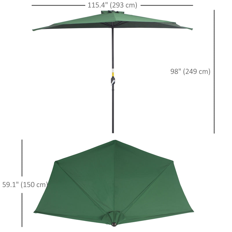 Outsunny - 9.8ft Half Umbrella Semi Round Patio Parasol with Crank Handle, Top Vent for Garden, Balcony - NO BASE INCLUDED, Green — 84D-008GN