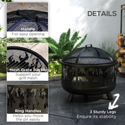 Outsunny - Outdoor Metal Fire Pit, 24" Round Firepit Bowl w/ Lid Grill Poker Handles for Garden, Camping, BBQ, Bonfire, Black