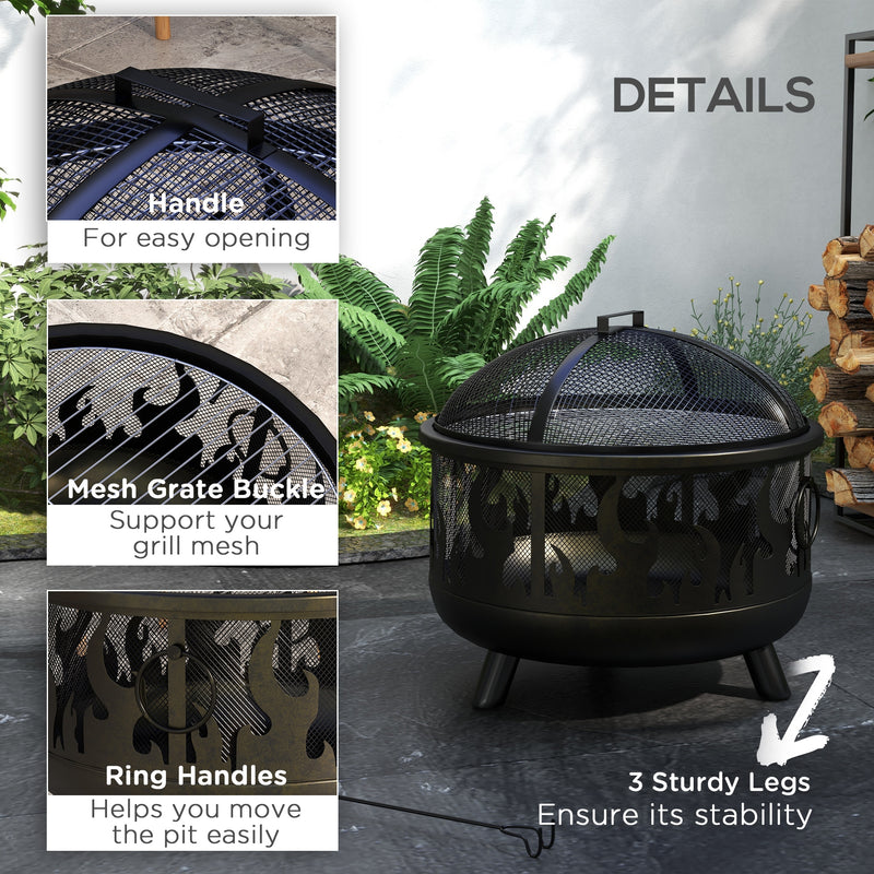 Outsunny - Outdoor Metal Fire Pit, 24" Round Firepit Bowl w/ Lid Grill Poker Handles for Garden, Camping, BBQ, Bonfire, Black