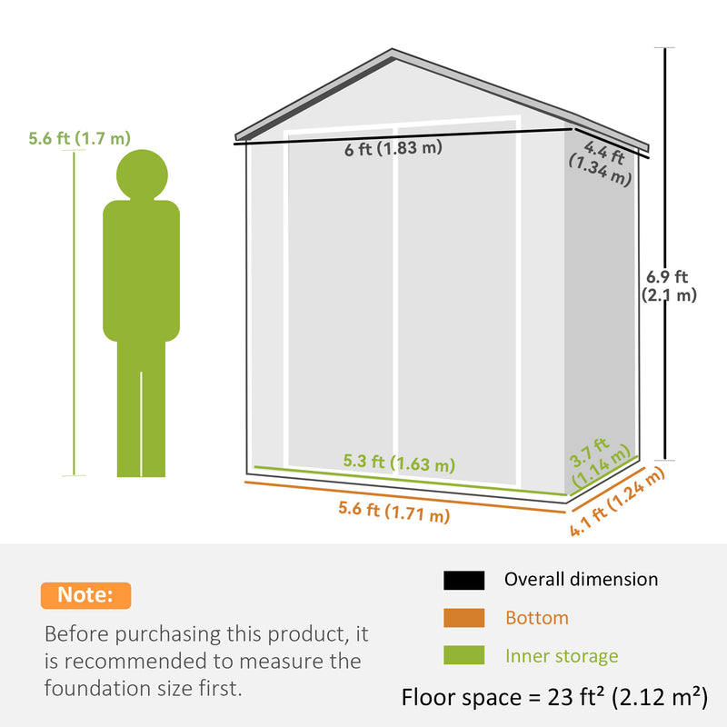 6x4.5FT Plastic Shed, Lockable Garden Tool Storage House with Double Doors and Vent, Grey
