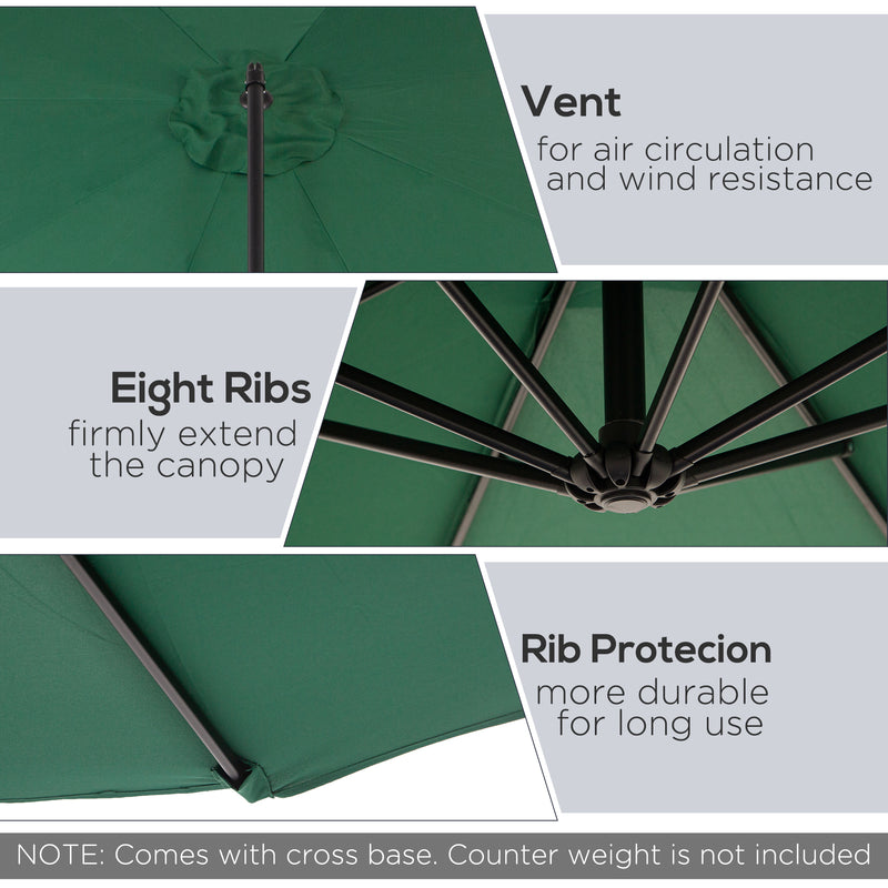 9.7ft Offset Patio UmbrellaCantilever Parasol with Crank Handle, 8 Ribs and Cross Base for Outdoor, Sun Shade, Green