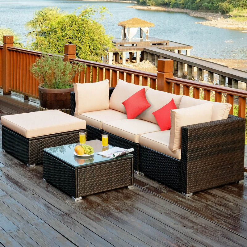 Costway - 5 Pieces Outdoor Patio Rattan Furniture Set Sectional Conversation with Cushions-Beige