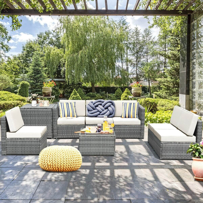 Costway - 8 Piece Wicker Sofa Rattan Dinning Set Patio Furniture with Storage Table-White