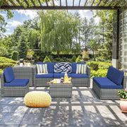 Costway - 8 Piece Wicker Sofa Rattan Dinning Set Patio Furniture with Storage Table-Navy