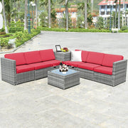Costway - 8 Piece Wicker Sofa Rattan Dinning Set Patio Furniture with Storage Table-Red
