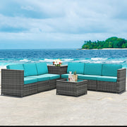 Costway - 8 Piece Wicker Sofa Rattan Dinning Set Patio Furniture with Storage Table-Turquoise