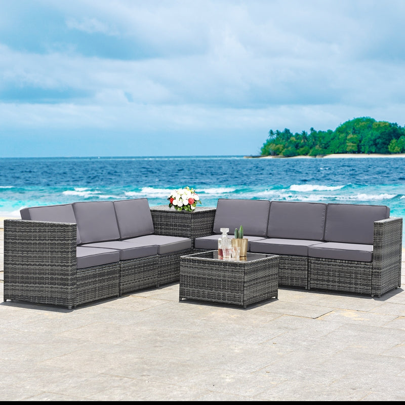 Costway - 8 Pieces Wicker Sofa Rattan Dining Set Patio Furniture with Storage Table-Gray