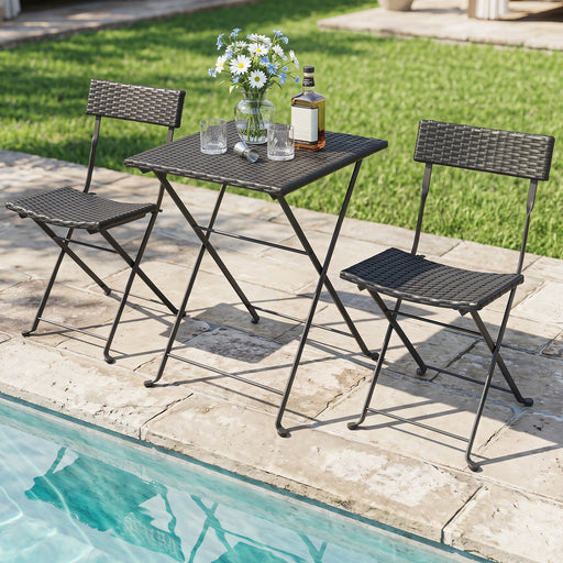 Costway - 3-Piece Folding Bistro Set with PE Wicker and X-Shaped Metal Frame-Black