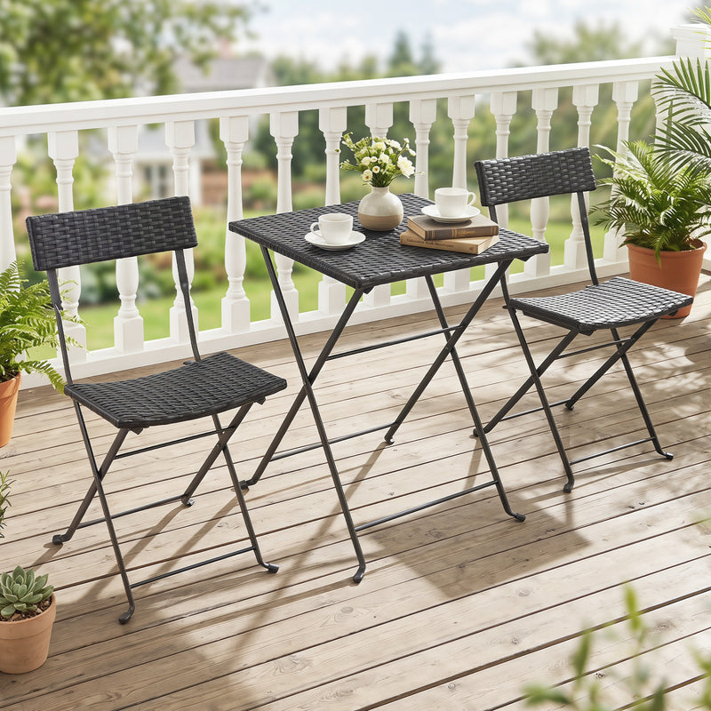 Costway - 3-Piece Folding Bistro Set with PE Wicker and X-Shaped Metal Frame-Black