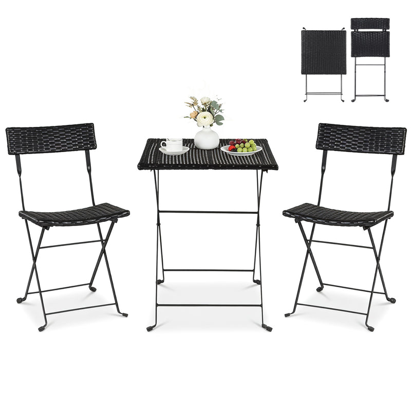 Costway - 3-Piece Folding Bistro Set with PE Wicker and X-Shaped Metal Frame-Black
