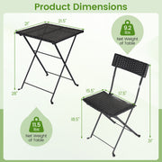 Costway - 3-Piece Folding Bistro Set with PE Wicker and X-Shaped Metal Frame-Black