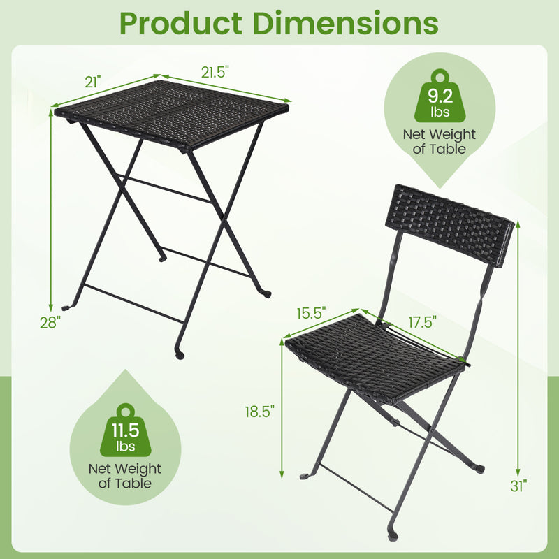 Costway - 3-Piece Folding Bistro Set with PE Wicker and X-Shaped Metal Frame-Black