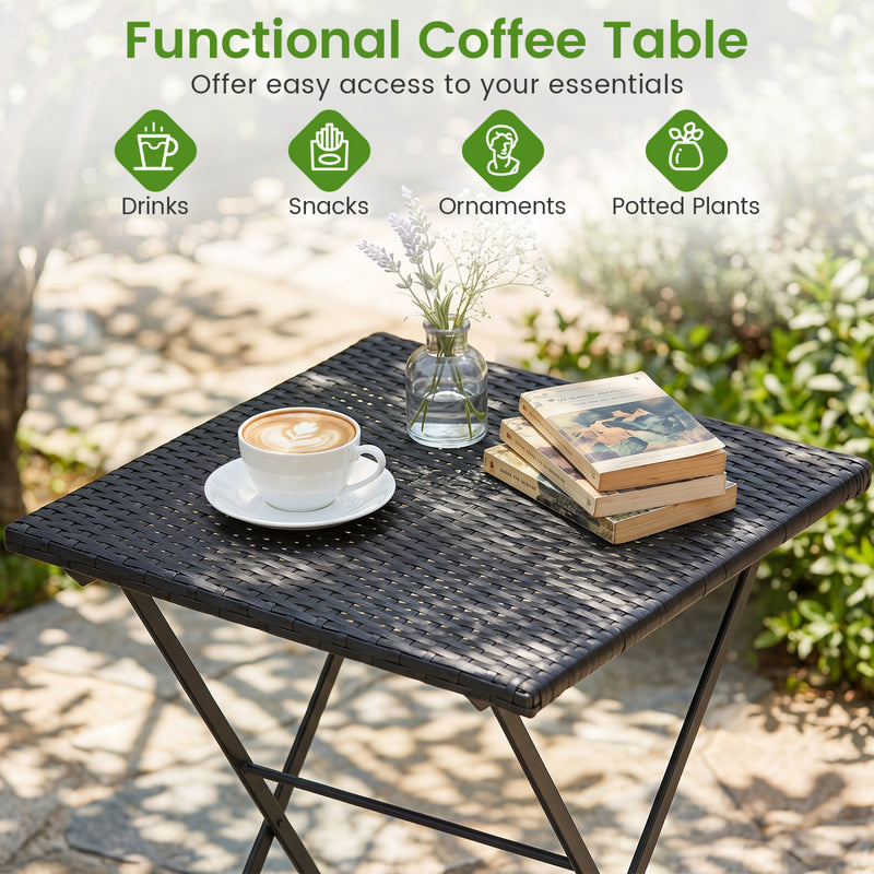 Costway - 3-Piece Folding Bistro Set with PE Wicker and X-Shaped Metal Frame-Black