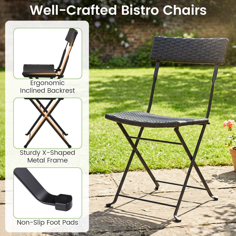 Costway - 3-Piece Folding Bistro Set with PE Wicker and X-Shaped Metal Frame-Black