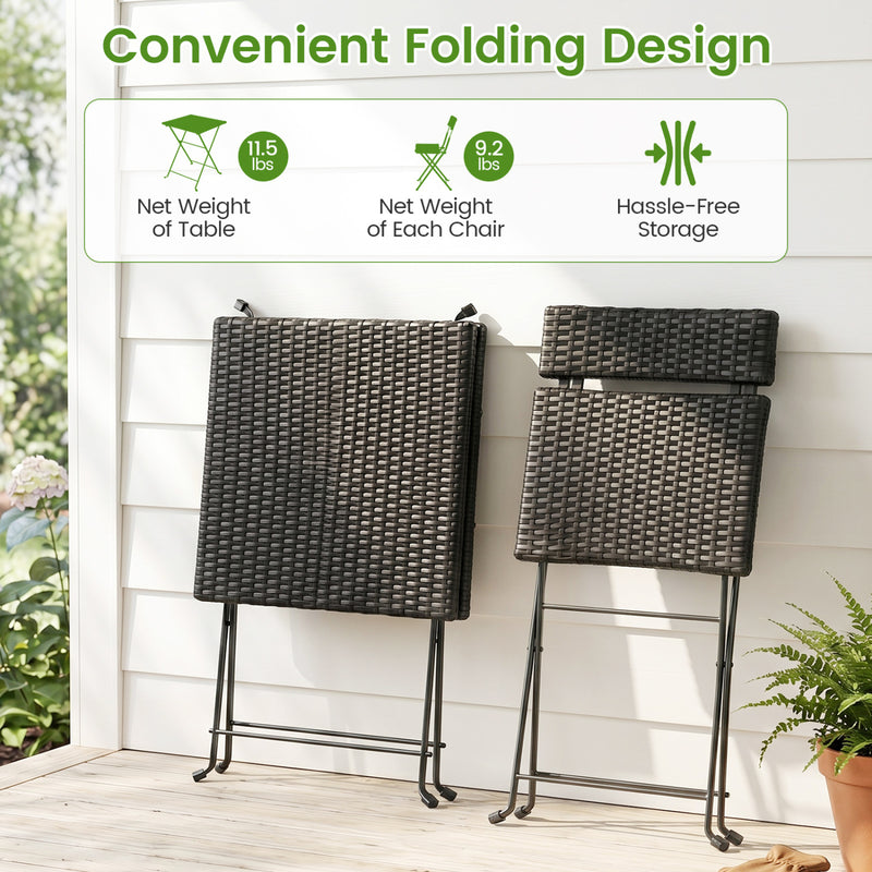 Costway - 3-Piece Folding Bistro Set with PE Wicker and X-Shaped Metal Frame-Black