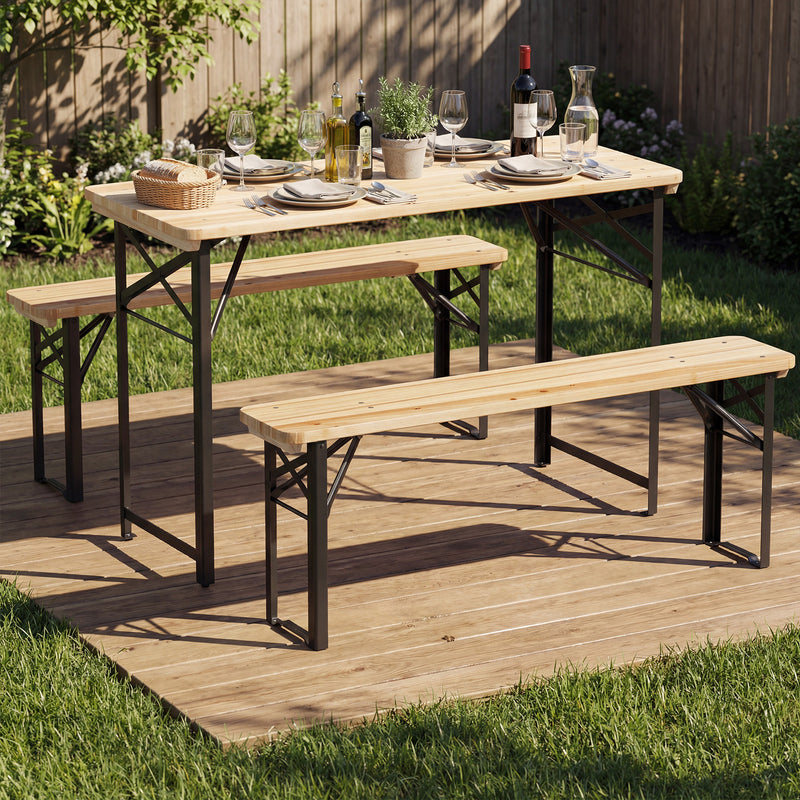 Costway - 3-Piece Folding Picnic Table with Benches Fir Wood Portable Bear Camping SET-Natural