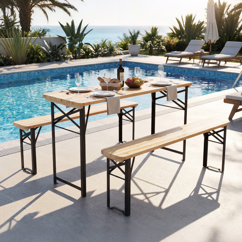 Costway - 3-Piece Folding Picnic Table with Benches Fir Wood Portable Bear Camping SET-Natural