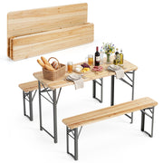 Costway - 3-Piece Folding Picnic Table with Benches Fir Wood Portable Bear Camping SET-Natural