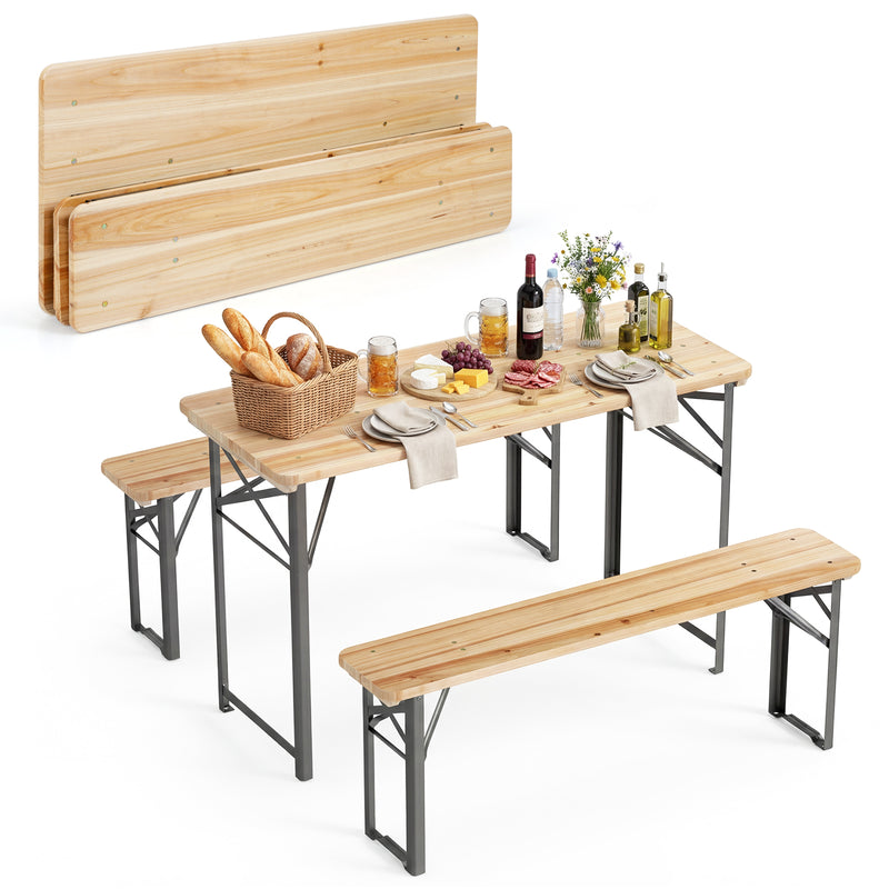 Costway - 3-Piece Folding Picnic Table with Benches Fir Wood Portable Bear Camping SET-Natural
