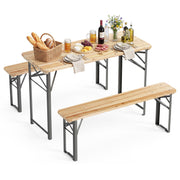 Costway - 3-Piece Folding Picnic Table with Benches Fir Wood Portable Bear Camping SET-Natural