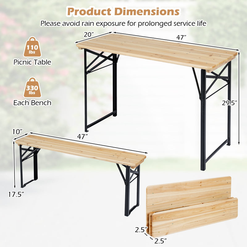 Costway - 3-Piece Folding Picnic Table with Benches Fir Wood Portable Bear Camping SET-Natural